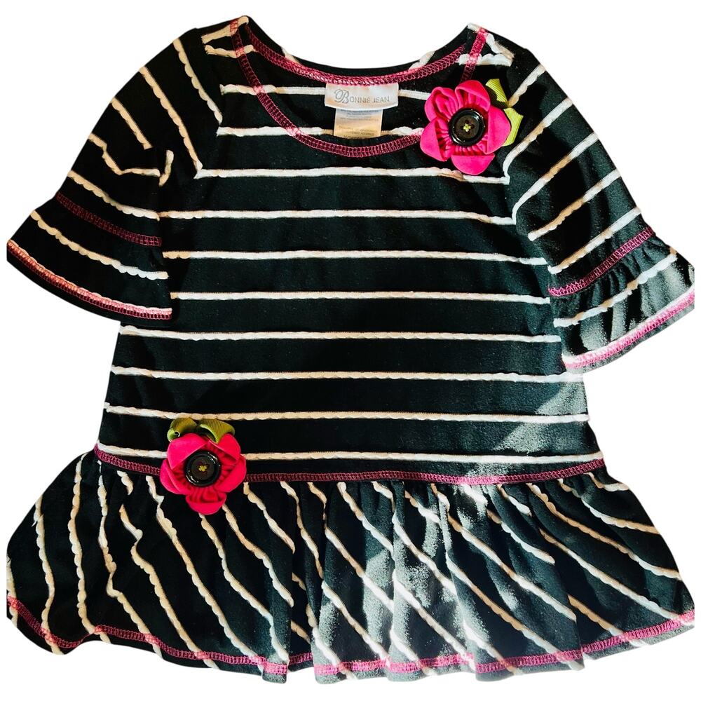 Bonnie Jean Girls 2T Black White Striped Fit Flare Dress Pink Rose Appliqué EUC